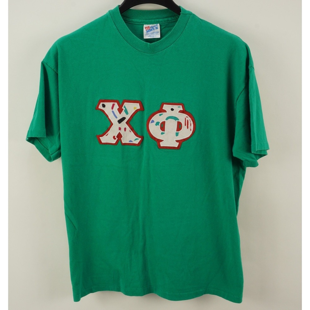 Vintage 80s 90s Singlestitch Chi-Phi Fraternity Shirt Mens XL Short Sleeve Green